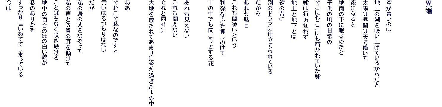 
�ْ[


�󂪐��̂�
�n��̌΂��z���グ�Ă��邩�炾��
���z�͒��Ԃ͓V�œ�����
��ɂȂ��
�n�ʂ̉��ɖ���̂���
�q���̍��̓����
�����ɂ������ɂ�������Ă����R
�R�͍s���m�ꂸ
�n��ƒn���Ƃ�
���̐̂�
�ʂ̃h���}�Ɏd���Ă��Ă���
������
������ʖ�
������ԈႢ�Ƃ���
�����Ȑ��������̂���
�y�̒��ł��J�����Ƃ����

����������Ȃ�
����������Ȃ�
����Ɠ�����
��n�������Ă��܂�Ɉ炿�߂������̒�

����
���ꂱ�����Ȃ̂ł���
�����͂����͂Ȃ�
����
���̐g�̏���Ȃ�����
���̐��Ɠ����̎����X����
���Ƃ΂��Ȃ��炫������
�n���̕S���̂ق̔����e��
���̂��肩��
�������茾�����ĂĂ��܂��Ă���
����