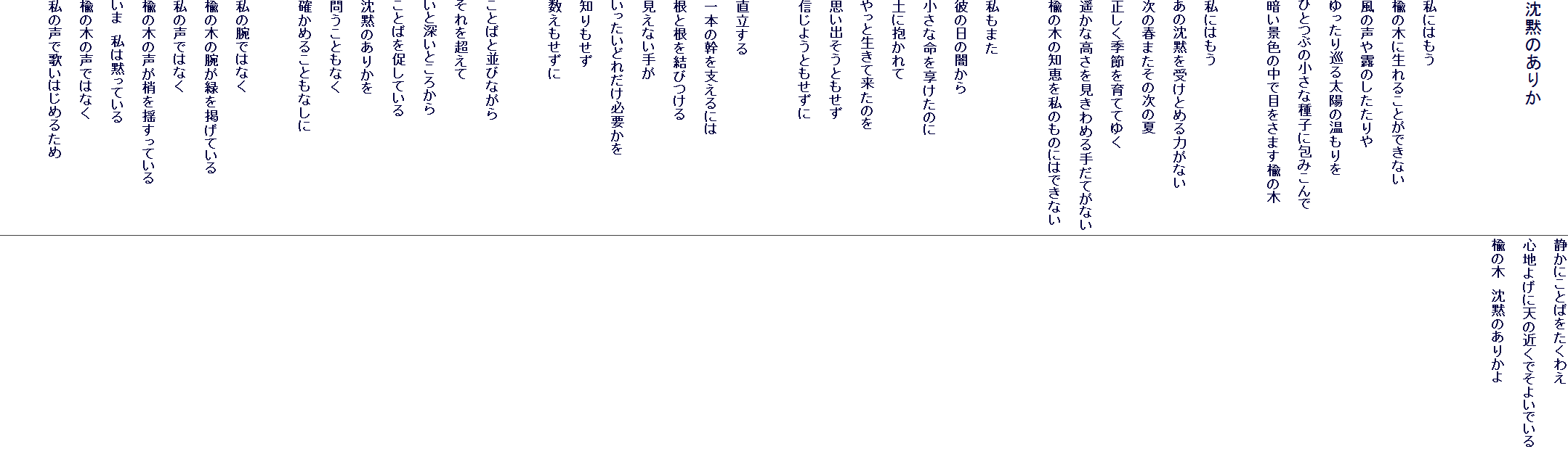 
���ق̂��肩


���ɂ͂���
���̖؂ɐ���邱�Ƃ��ł��Ȃ�
���̐���I�̂��������
������菄�鑾�z�̉������
�ЂƂԂ̏����Ȏ�q�ɕ�݂����
�Â��i�F�̒��Ŗڂ����܂����̖�

���ɂ͂���
���̒��ق��󂯂Ƃ߂�͂��Ȃ�
���̏t�܂����̎��̉�
�������G�߂���ĂĂ䂭
�y���ȍ�����������߂�肾�Ă��Ȃ�
���̖؂̒m�b�����̂��̂ɂ͂ł��Ȃ�

�����܂�
�ނ̓��̈ł���
�����Ȗ����������̂�
�y�ɕ������
����Ɛ����ė����̂�
�v���o�����Ƃ�����
�M���悤�Ƃ�������

��������
��{�̊����x����ɂ�
���ƍ������т���
�����Ȃ��肪
���������ǂꂾ���K�v����
�m�������
������������

���Ƃ΂ƕ��тȂ���
����𒴂���
���Ɛ[���Ƃ��납��
���Ƃ΂𑣂��Ă���
���ق̂��肩��
�₤���Ƃ��Ȃ�
�m���߂邱�Ƃ��Ȃ���

���̘r�ł͂Ȃ�
���̖؂̘r���΂��f���Ă���
���̐��ł͂Ȃ�
���̖؂̐�������h�����Ă���
���܁@���͖ق��Ă���
���̖؂̐��ł͂Ȃ�
���̐��ŉ̂��͂��߂邽��

�Â��ɂ��Ƃ΂������킦
�S�n�悰�ɓV�̋߂��ł��悢�ł���
���̖؁@���ق̂��肩��
