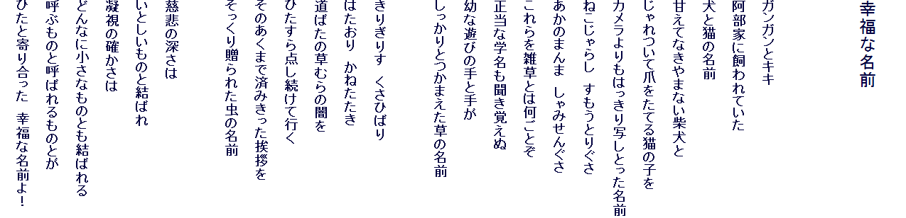 �@
�K���Ȗ��O


�K���K���ƃL�L
�����ƂɎ����Ă���
���ƔL�̖��O
�Â��ĂȂ���܂Ȃ��Č���
�������Ē܂����Ă�L�̎q��
�J���������͂�����ʂ��Ƃ������O
�˂�����炵�@�������Ƃ肮��
�����̂܂�܁@����݂��񂮂�
�������G���Ƃ͉����Ƃ�
�����Ȋw���������o����
�c�ȗV�т̎�Ǝ肪
��������Ƃ��܂������̖��O

���肬�肷�@�����Ђ΂�
�͂�����@���˂�����
���΂��̑��ނ�̈ł�
�Ђ�����_�������čs��
���̂����܂ōς݂��������A��
�������葡��ꂽ���̖��O

���߂̐[����
���Ƃ������̂ƌ��΂�
�Î��̊m������
�ǂ�Ȃɏ����Ȃ��̂Ƃ����΂��
�ĂԂ��̂ƌĂ΂����̂Ƃ�
�Ђ��Ɗ�荇�����@�K���Ȗ��O��I